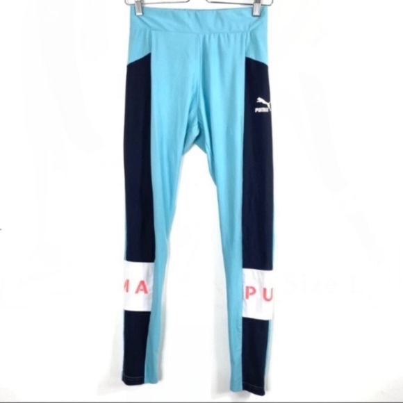 PUMA Xtg Spell Out Logo Stripe High Rise Running Leggings Tights Light Blue Sz L - Picture 2 of 9